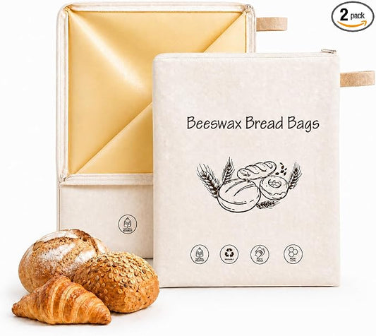 Beeswax Bread Bags for Sourdough – 2 Pack XL 13x17 Reusable Bread Storage Bag with Wide Zipper Seal, Keeps Bread Fresh Longer, Odor Resistant, Freezer Safe Cotton Linen Eco Friendly Bag