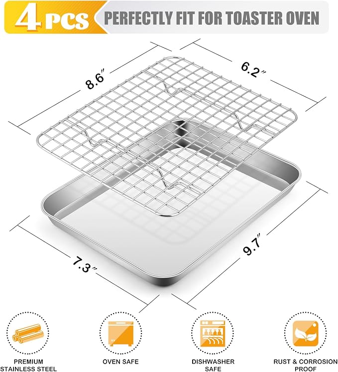 Small Stainless Steel Baking Sheet with Rack Set, E-far 9.4”x7.3” Cookie Sheet Broiling Pan for Toaster Oven, Rimmed Metal Tray with Wire Rack for Cooking/Baking/Cooling, Non-toxic & Dishwasher Safe