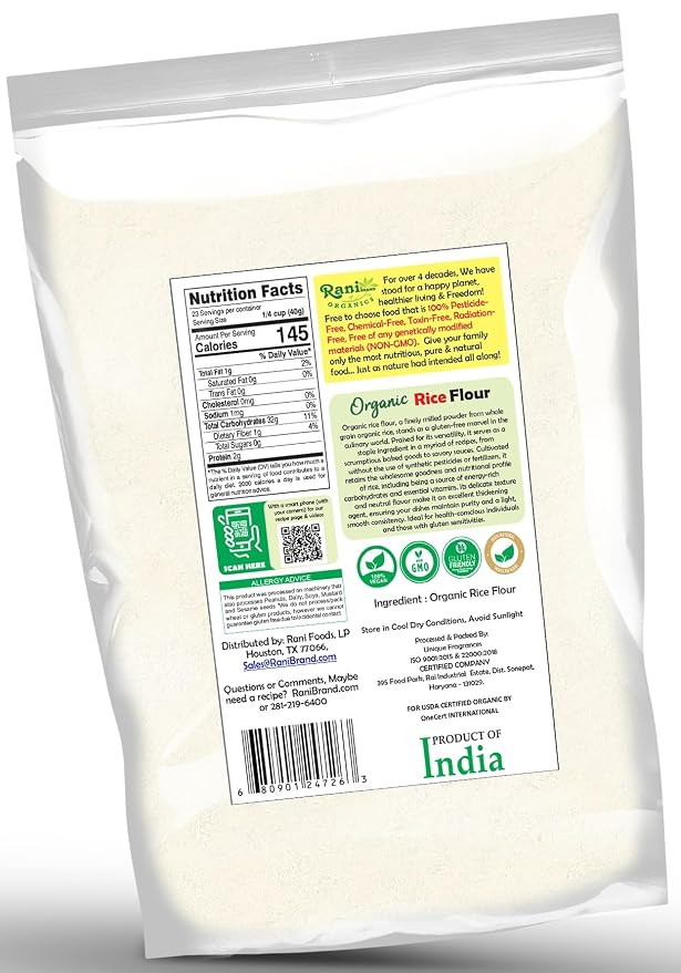 Rani Organic Rice (White) Flour 32oz (2lbs) 908g ~ All Natural | Gluten Friendly | Vegan | NON-GMO | Kosher | Indian Origin | USDA Certified Organic