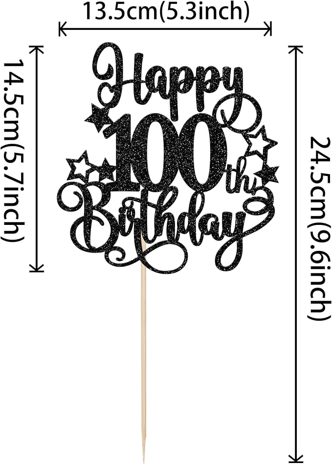 1 PCS Happy 100th Birthday Cake Topper - Glitter Cheers to 100 Years Cake Pick - Hello 100 Fabulous Cake Decoration for Anniversary Party Supplies - Black
