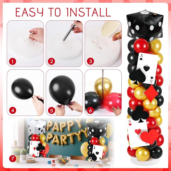 2 Sets Casino Theme Balloon Column Stand Kits Red Black Gold Balloons Column Kit with Dice Poker Tower Stand Kit 2 Sets Balloons Tower Sets for Las Vegas Game Night Themed Party Supplies