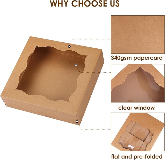 Moretoes 25pcs Pie Boxes, 12x12x3 Inch Auto-Popup Brown Bakery Boxes with Window for Pie, Cookie Cake, Treats, Desserts, Donuts, Muffins