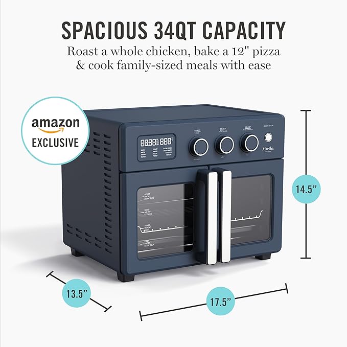 Martha Stewart French Door Air Fryer Toaster Oven Combo, 34QT Countertop Convection, 12-in-1, Bake, Broil, Roast, Fits 12” Pizza, Dehydrate, 5 Accessories, Air Fry Basket, Stainless Steel, Indigo Blue
