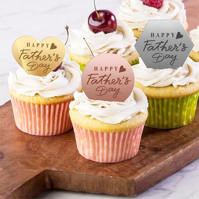 45PCS Happy Father's Day Cake Toppers, Mirror Acrylic Cupcake Toppers 3 Multi-shape & 3 Different Color Custom Cupcake Picks for Birthday Party Anniversary Pastries Decorations
