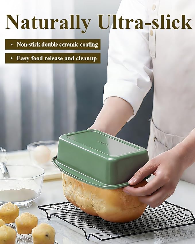 Non-Stick Bread Loaf Pan, 9x5 Inch, Ceramic Coating, Aluminized Steel, Oven Safe to 550°F, Dishwasher Safe - Non-Toxic, PTFE & PFOA Free, Pistachio Green