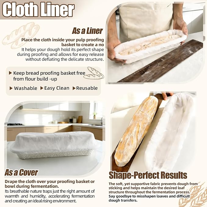 6-Pack 15 Inch Long Baguettes Proofing Baskets, Sourdough Banneton with 6 Linen Liner Covers, French Bread Baking Supplies