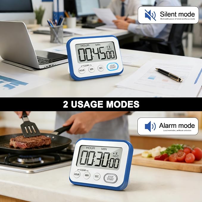 Digital Kitchen Timer Magnetic Loud Alarm, Large LCD Screen Silent/Beeping Multi-Function for Teachers Classroom Kids, Blue