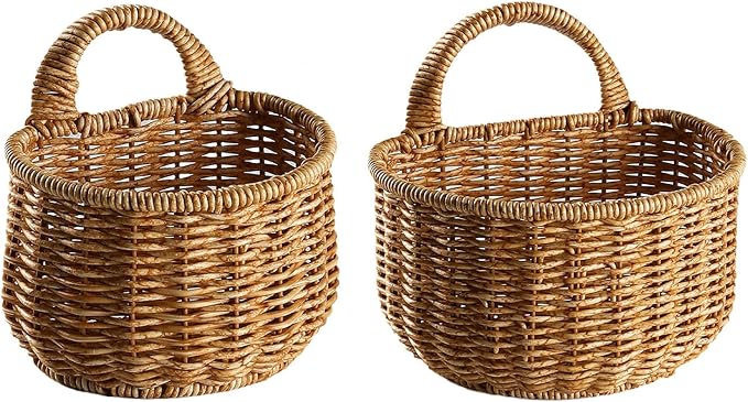 2 Wall Hanging Baskets Storage Basket Organizer For Flowers,Plants,Woven Baskets For Kitchen Bedroom Living Room Home Décor,Portable Wall Hanging Flower Basket Organizer Fruit Vegetable Rattan Box