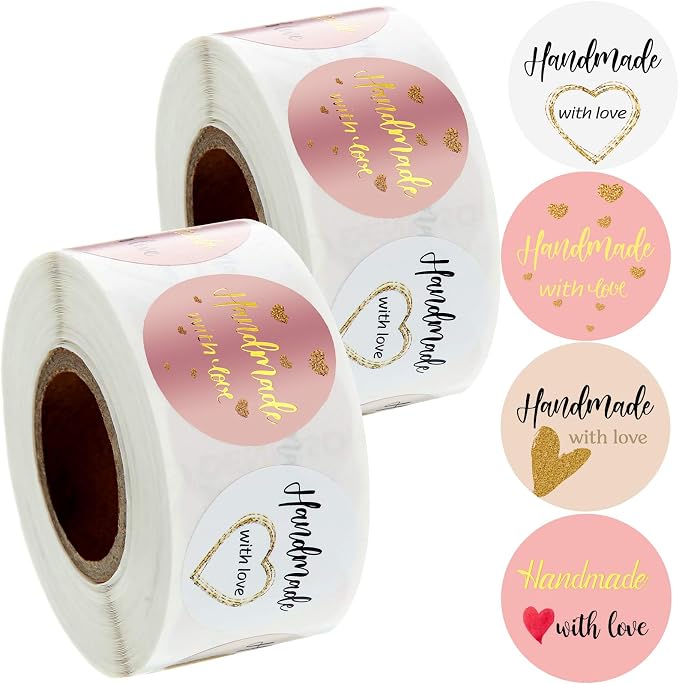 Outus 1000 Pieces Handmade with Love Stickers 1 Inch Foil Homemade Baking with Love Sticker for Baking Store, Wedding, Party and Small Business Present Labels