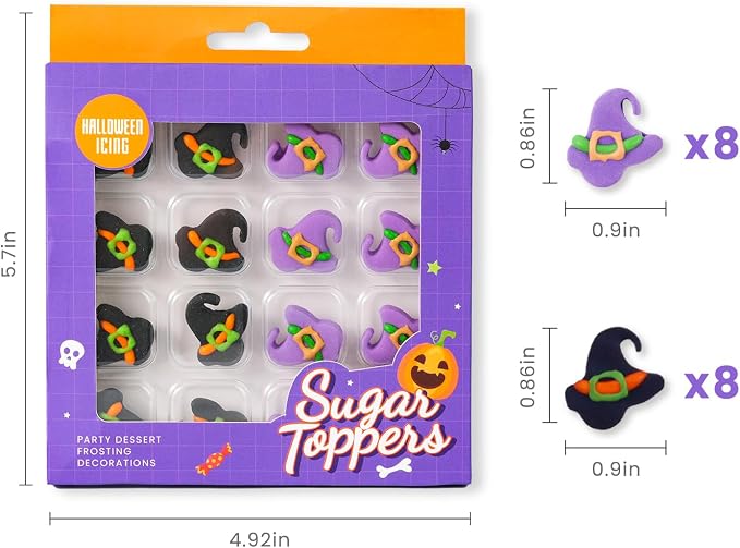 Edible Halloween Cake Decorations, 16 pcs Edible Witch Hats, Violet, and Black Witch Hats for Cupcakes Toppers, Cookies, Macarons, and Ice Cream