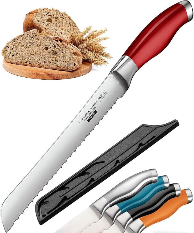 Orblue Serrated Bread Knife with 10-inch Upgraded Stainless Steel Razor Sharp Wavy Edge Width - Bread Cutter Ideal for Slicing Homemade Bagels and Cake (Live Red)