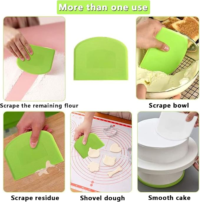 WAFJAMF 2 PCS Plastic Dough Scraper Bowl Scraper, Food-Grade Bench Scraper, Flexible Dough Cutter, Multipurpose Food Scrappers for Bread, Cake, Cream, Fondant(White+Green)