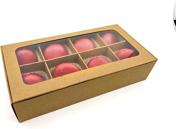 20pcs Kraft Treat Boxes with Window and Dividers | 8 SMALL compartments | 8.75 x 4.5 x 1.9 in | Chocolate-covered strawberries supplies, macaron boxes, baked goods packaging