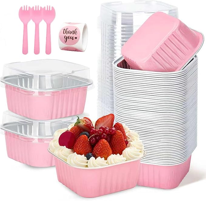 100Pack 5oz Pink Mini Cake Pans with Lids, Spoons and Stickers Baking Cups Aluminum Foil Pans Tins, Individual Dessert Cups Containers for Sales,Party,Picnics