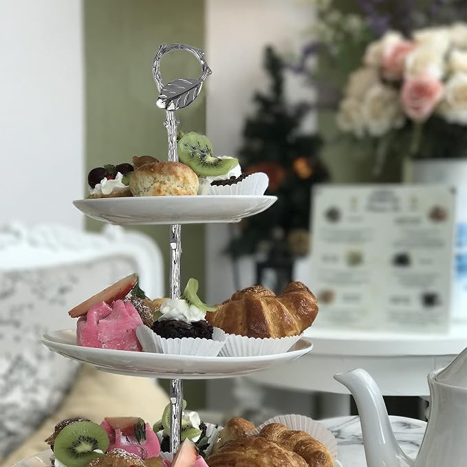 3 Tier 14" Heavy Metal Cake Stand Holder Fruit Plate Stand Fitting Hardware Rod with Stylus (Sliver_Leaves)