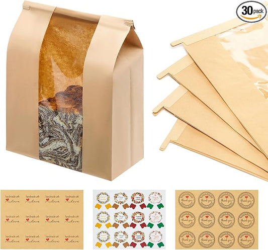 30 Pack Kraft Paper Bread Loaf Bags with Tin Tie Tab Lock, for Homemade Bread Loaf Bags 14" x 8.3" x 3.5", Sourdough Bread Bags with Clear Front Window for Baked Food Storage (30 Pack) | 30 Pack Bread Bags