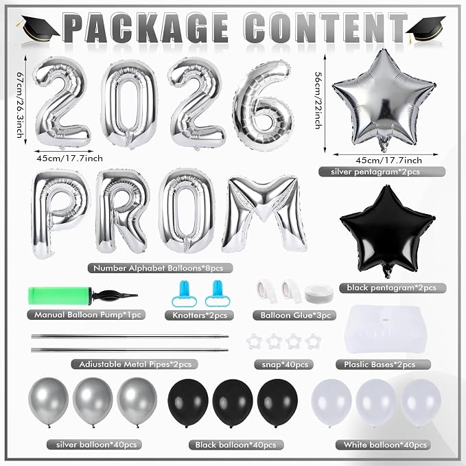 2 Sets Graduation Balloon Column Stand Kits with 132 PCS Silver Black White Latex Balloons 2026 Letters 6.5 Ft Adjustable Metal Tube Telescopic Tower Pillar with Base for Graduation Party Decoration