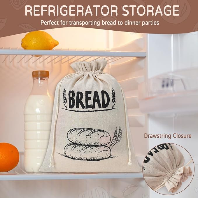 Bread Bags for Homemade Bread, Linen Bread Bag Storage, Reusable Sourdough Bread Bags with Plastic Liner, Drawstring Bread Container for Toast, Loaf,Sandwich Fresh Longer