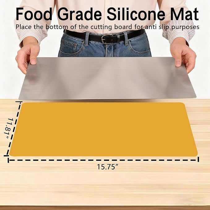 Large Stainless Steel Cutting Board with Lip for Kitchen, Chopping Boards with Orange Non-slip Mat, Cutting Board with Counter Lip for Meat, Fruits, Vegetables, Bread,Dough(15.7" × 11.8")