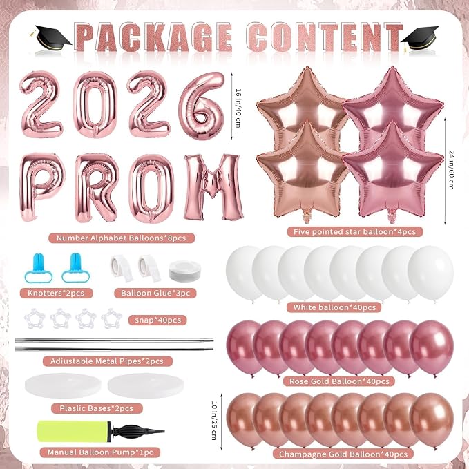 2 Sets Graduation Balloon Column Stand Kits with 132 PCS Rose Champagne Gold Latex Balloons 2026 Letters 6.5 Ft Adjustable Metal Tube Telescopic Tower Pillar with Base for Graduation Party Decoration