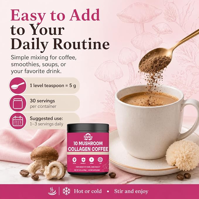 Suiyilary Mushroom Coffee with Collagen, 10 Mushroom Extract Powder Blend Lion's Mane, Brain Supplements with Instant Coffee for Energy, Focus, Skin and Immunity 150g 30 Serving