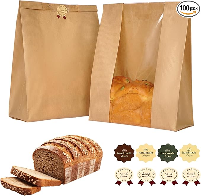 Funcoo 100 Pcs Paper Bread Bags for Homemade Sourdough Bread Bakery Storage Bags with Window, Large Thicker Bakery Loaf Bags for Baked Goods Packaging, Label Seal Sticker Included