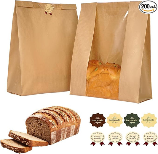 Funcoo Sourdough Bread Bags, 200 Pcs Paper Bread Bags for Homemade Sourdough, Bakery Storage Bag with Window, Large Bakery Loaf Bag for Baked Goods Packaging, Label Seal Sticker Included (200)