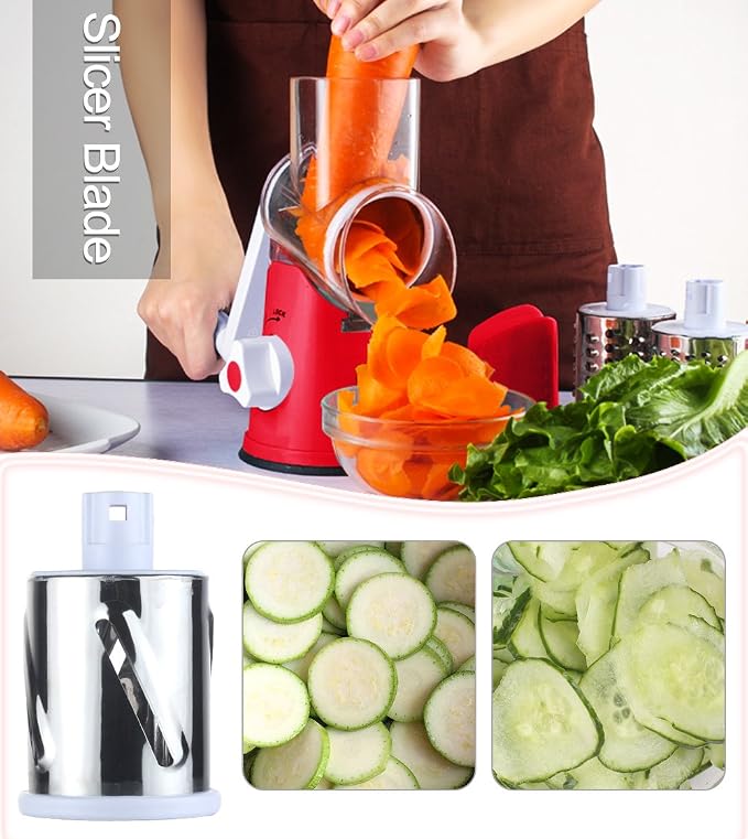 Ourokhome Rotary Cheese Grater Shredder and Pastry Dough Bench Scraper Knife, with Vegetable Peeler and Cleaning Brush (Red)