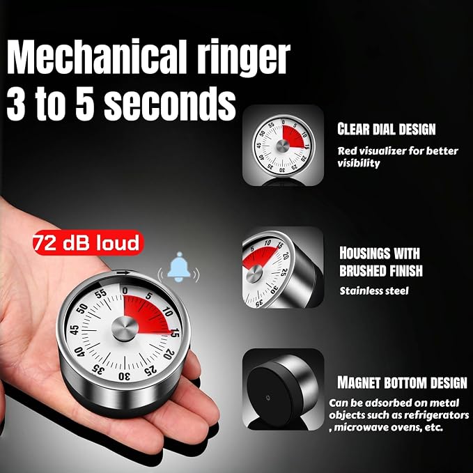 ZjenNbecoHpave Kitchen Timer Magnetic, 60 Min Mechanical Countdown | ZjenNbecoHpave Kitchen Timer Magnetic, 60 Min Stainless Steel Mechanical Countdown for Cooking, Classroom Study, No Battery