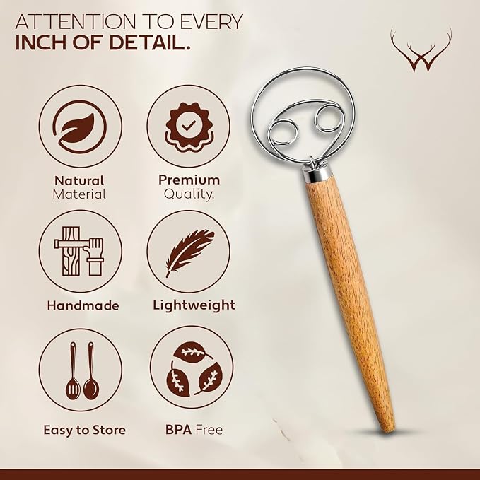 WOODLANDS USA Danish Dough Whisk for sourdough 13 Inch - 304 Stainless Steel Hook with Long Wooden Handle (Dough Whisk + Bread Lame)