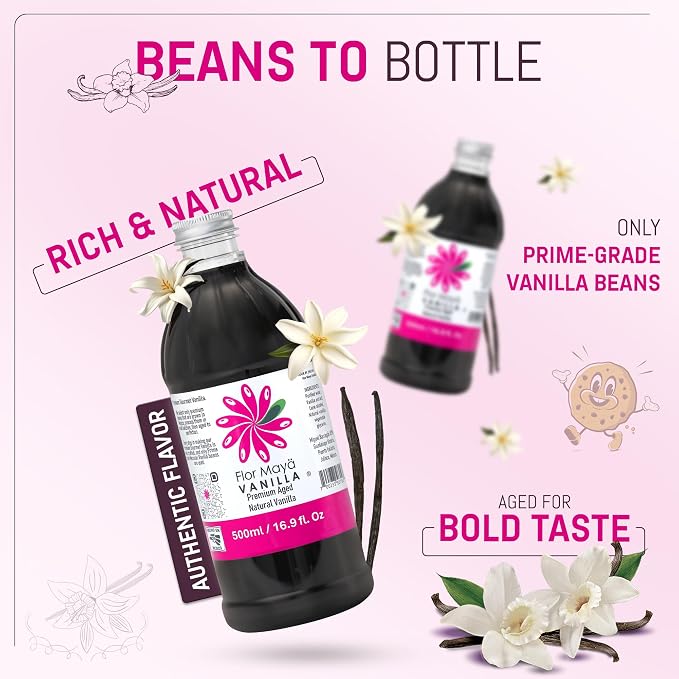 Flor Maya Vanilla Extract – Premium Aged Blend Made with Mexican Vanilla Beans | Gourmet Vanilla Bean Extract for Baking, Cooking & Desserts | Gluten Free, Non-GMO, No Coumarin | 16.9 fl oz