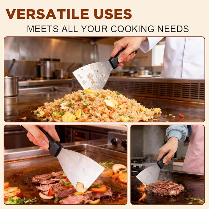 Griddle Scraper，Stainless Steel Grill Scraper,Slant Edge Metal Spatula for Teppanyaki Flat Top BBQ,Grill Cooking,Frying Steak Pork Chop Chicken Chop,Dishwasher Safe