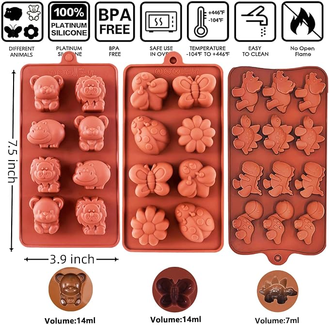 3-Pack Chocolate Molds Silicone(1.8 Inch two-bite size),Animal Silicone Molds,Moldes para gelatinas individuales.Features Bear,Dinosaur,Lion,Hippo,Bees,Ladybugs,Beetles,Butterflies,and Flowers.