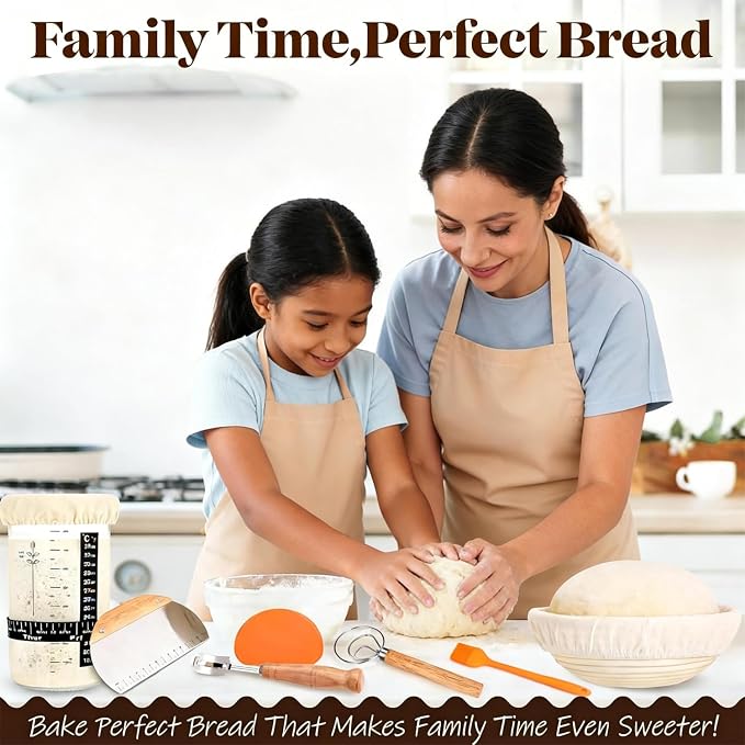 Sourdough Bread Baking Supplies Kit, Banneton Bread Proofing Basket 9" Round, Starter Jar,Complete Sourdough Tools Ideal Gifts for Mom Wife Women Bakers