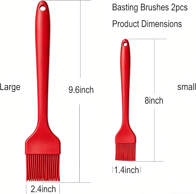 2 Pack Silicone Basting Brushes with Stainless Steel Core - Heat Resistant Pastry Brush for Cooking BBQ Grill Baking Roasting, Oil Butter Sauce Marinade Egg Wash, Dishwasher Safe, Large & Small, Red