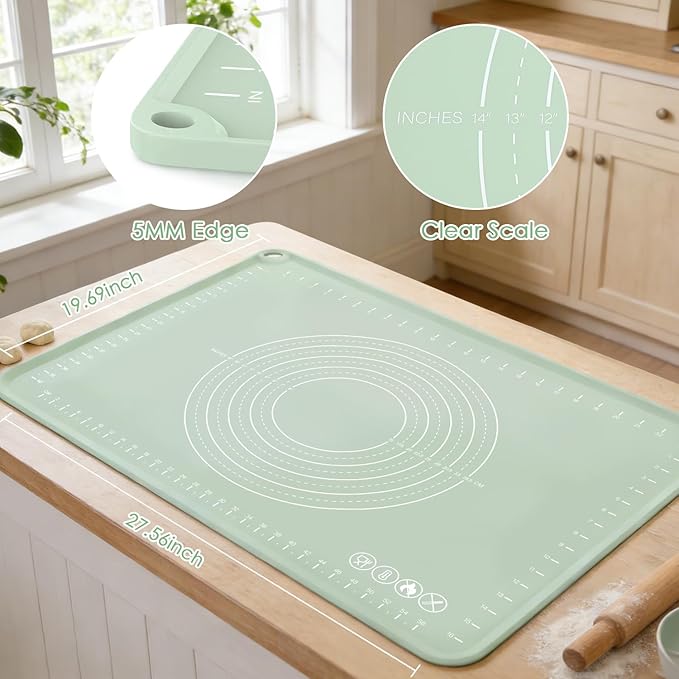 Extra Large Silicone Baking Mat for Countertops, Extra Thick 28" x 20" Non-Slip Pastry Mat with Raised Edges and Measurements, Food-Grade Dough Rolling Sheet for Kneading, Pizza, Bread,Fondant