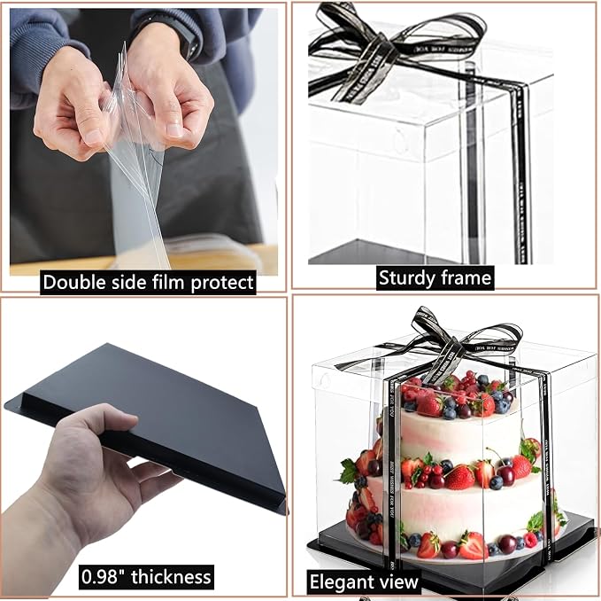6 Pack Clear Cake Box with Ribbon, Tall Cake Carrier for 2-Layer Cake Holder, 10x10x9 inches Transparent Gift Boxes for Pastries with Lid and Black Board, Display Wedding Gift Packaging