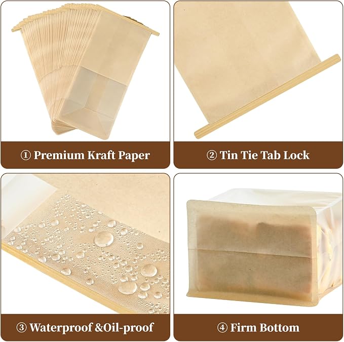 Ohuimrt Bread Bags for Homemade Breads, 50 PCS, 11 x 5.1 x 3.9 Inches | Tin Tie Tab Lock, Window, Bakery Bags, for Pastry Bagel Cookie Packaging