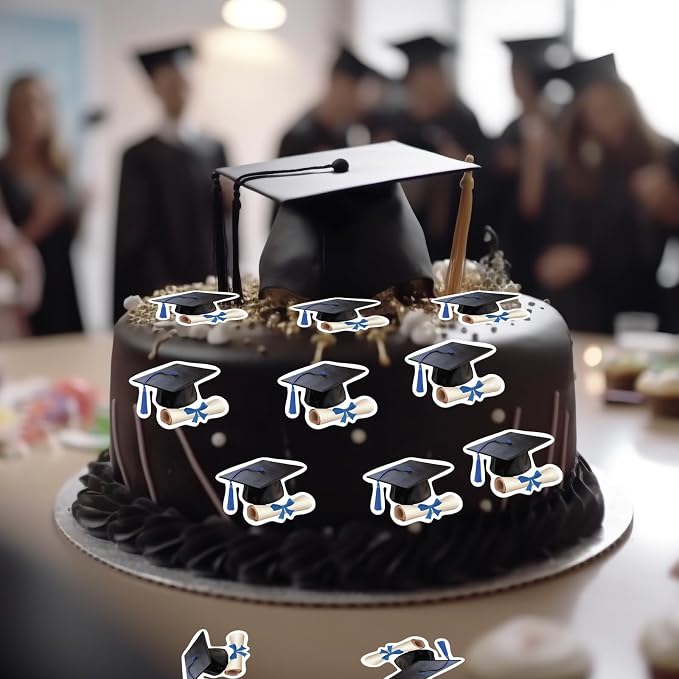48pcs Edible Graduation Cap Cupcake Toppers Wafer Paper Blue Grad Cap Diploma Cake Decorations Edible Grad Cap Cupcake Picks for 2026 Graduation Theme Party Cake Decor Supplies