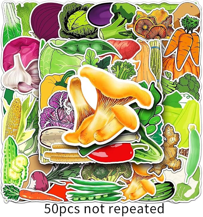 Vegetables Stickers |50Pcs Vegetables Waterproof Vinyl Decals | Removable Resuable Sun-proof Peel and Stick for Water Bottles Laptop Luggage Cup Computer Mobile Phone Skateboard Decoration