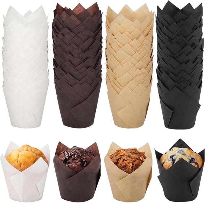 200 Pcs Tulip Cupcake Liners for Baking, White Natural Brown Black | Standard Greaseproof Tulip Muffin Liners for Baking, 3oz Paper Cupcake Wrappers for Party Wedding Birthday