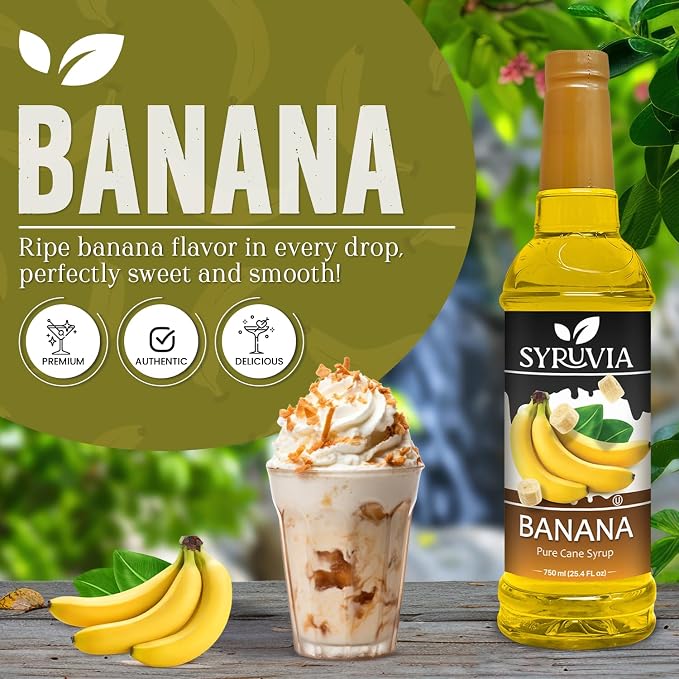 Syruvia Banana Syrup, Flavored Syrup for Coffee, Fruit Drinks, Lemonades, and Desserts – 25.4 fl oz - with Pump