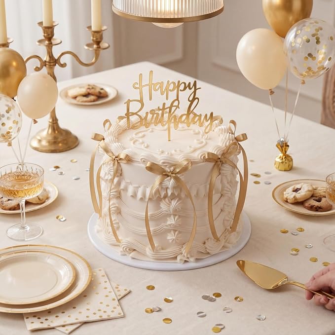 Honeydak 11 Pcs Gold Bow Ribbon Cake Topper Happy Birthday Cake Topper Happy Birthday Acrylic Sign Decoration Coquette Bow Decor Wedding, Bridal Shower Party Supplies