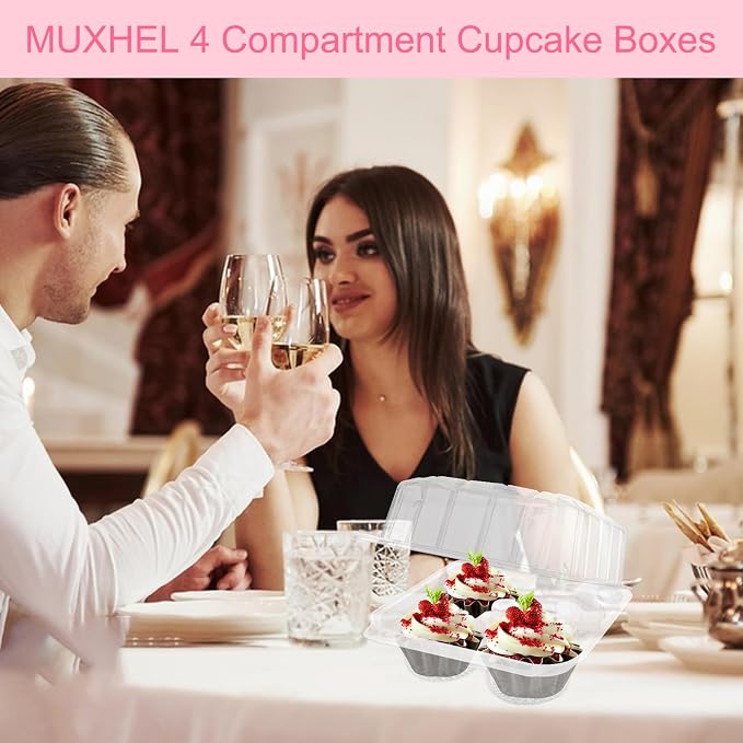 50 Pcs Cupcake Boxes 4 Count, Clear Plastic Cupcake Container Stackable, Deep Cupcake Carrier Holder Box for Carrying Cupcakes