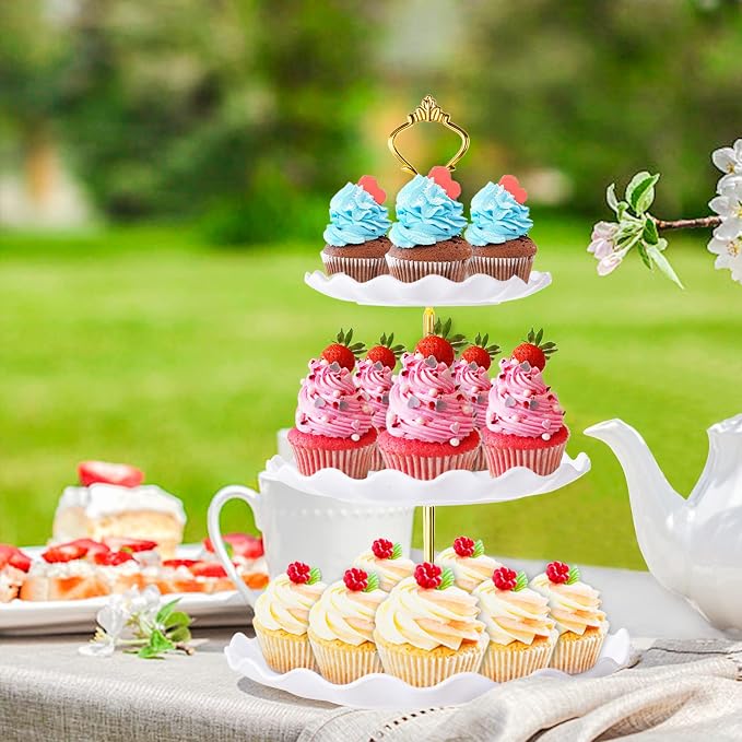 BACUTHY 3 Tier Cupcake Stand Holder, Plastic Cup Cake Tower Stand with Tiered Serving Tray for Dessert Display, Cupcakes, Donuts, Macaron and Fruits(White)