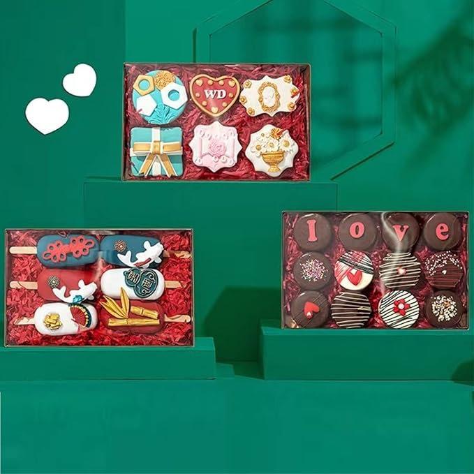RomanticBaking 24 Pack 9 1/2" x 6" x 1 1/4" Gold Cookie Boxes Macaron Boxes for 12 Clear Bakery Boxes Cakesicle Boxes Pretdzel Cocoa Bombs Box