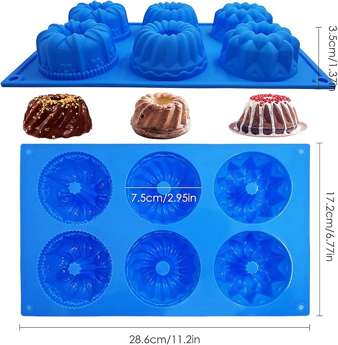 Silicone Mini Cake Pans, 6-Cavity Fluted Tube Cake Pan, Non-stick Silicone Baking Mold for Cupcakes, Donuts, Cornbread, Jellies-2 Packs (Pink, Blue)