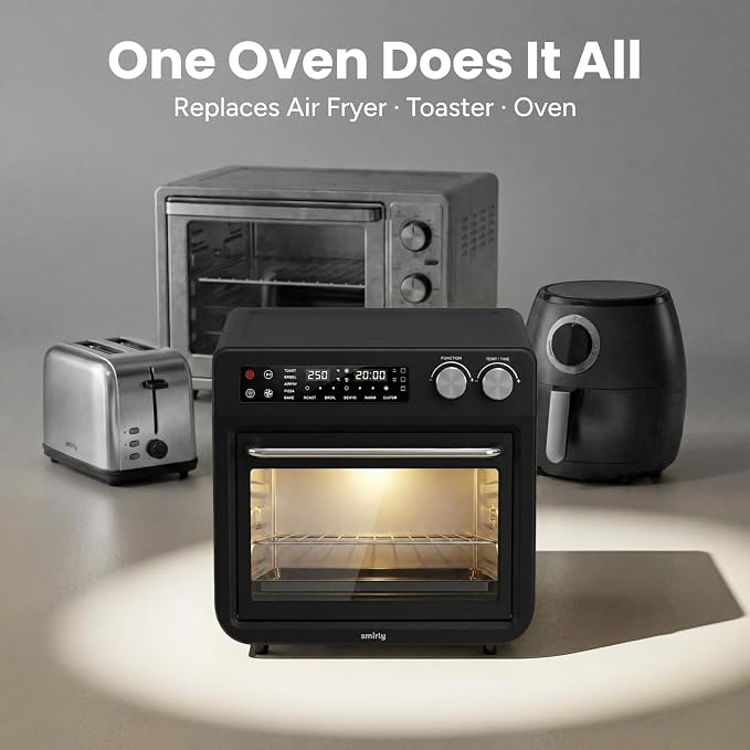 SMIRLY Digital Air Fryer Toaster Oven Combo, 25L Convection Countertop Oven, 10-in-1 Multi-Function Fits 12" Pizza & 6 Slices of Toast, Stainless Steel, Black