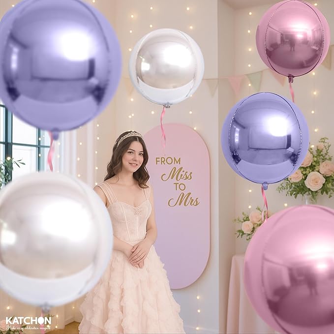 KatchOn, Pink Purple Silver Round Foil Balloons - 22 Inch, Pack of 6 | Metallic Giant 4D Round Balloons for Princess Party Decorations | Foil Balloon For Birthday, Gender Reveal, Baby Shower