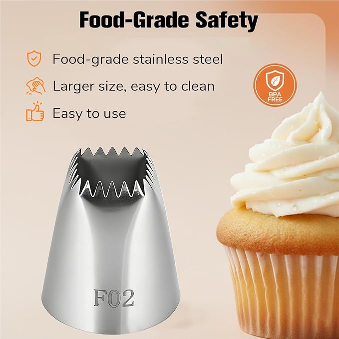 5 PCS Large Piping Tips Set, Stainless Steel Frosting Tip with Reusable Pastry Bag Silver Pastry Cake Decorating Tip Cake Decorating Set Frosting Icing Tips for Jumbo Eclair Churro Meringue